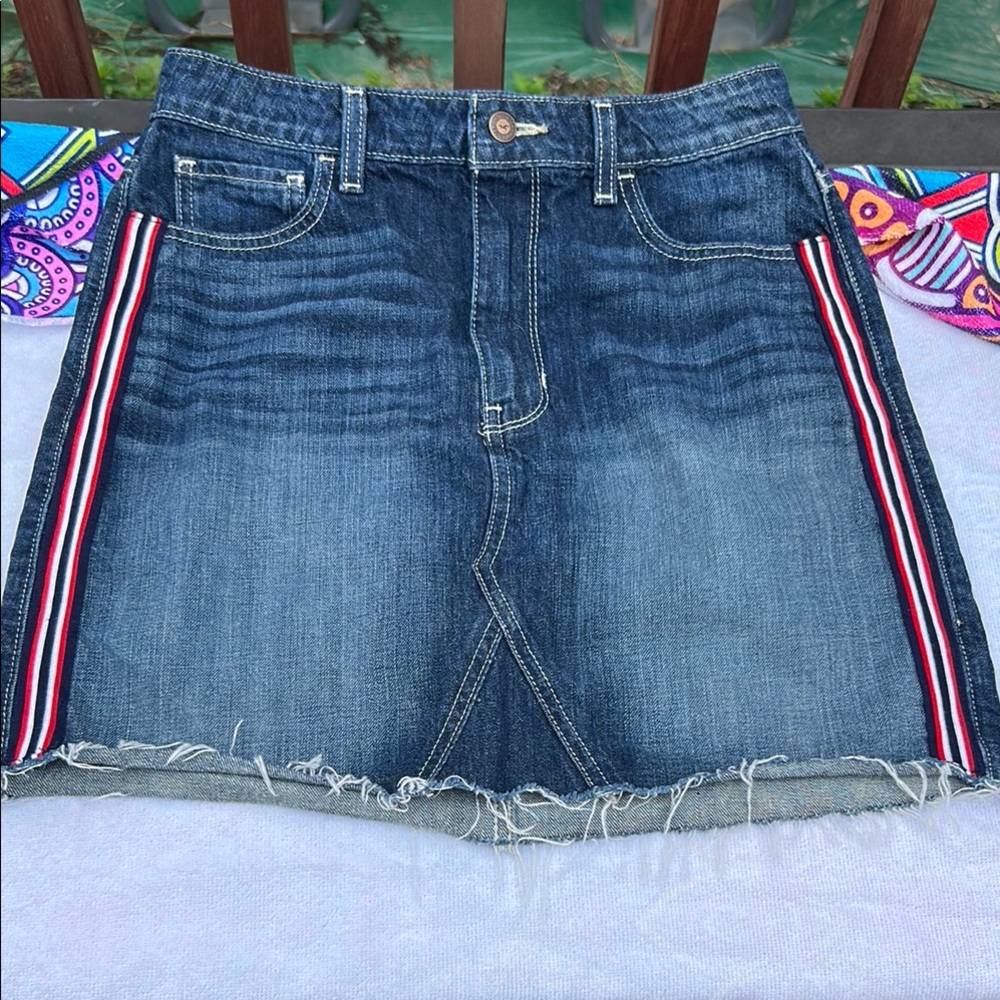 Hollister Denim Ultra High Rise Skirt with Red+White Piping - Distressed